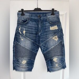 True Religion Distressed Blue Biker Denim Shorts